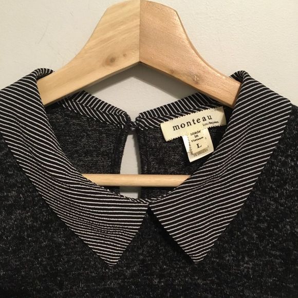 Monteau Gray Striped Collared Soft Top Size Large - Picture 2 of 3